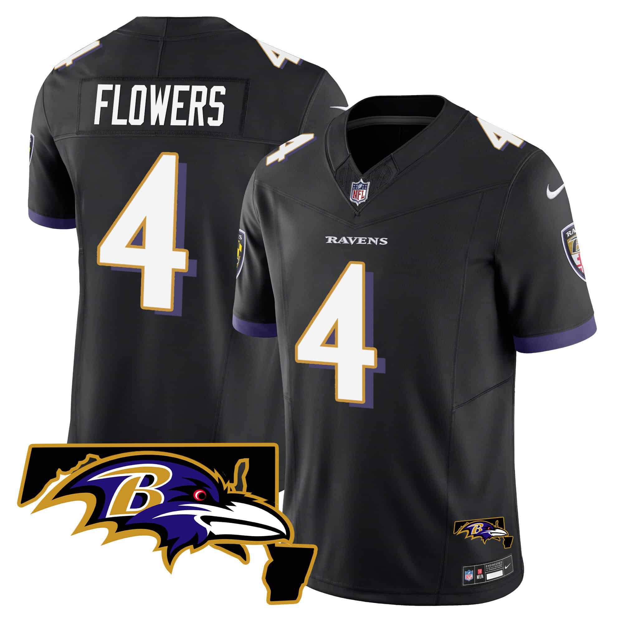 Men Baltimore Ravens #4 Flowers Black 2024 Nike Maryland Patch Vapor Limited NFL Jersey style 1